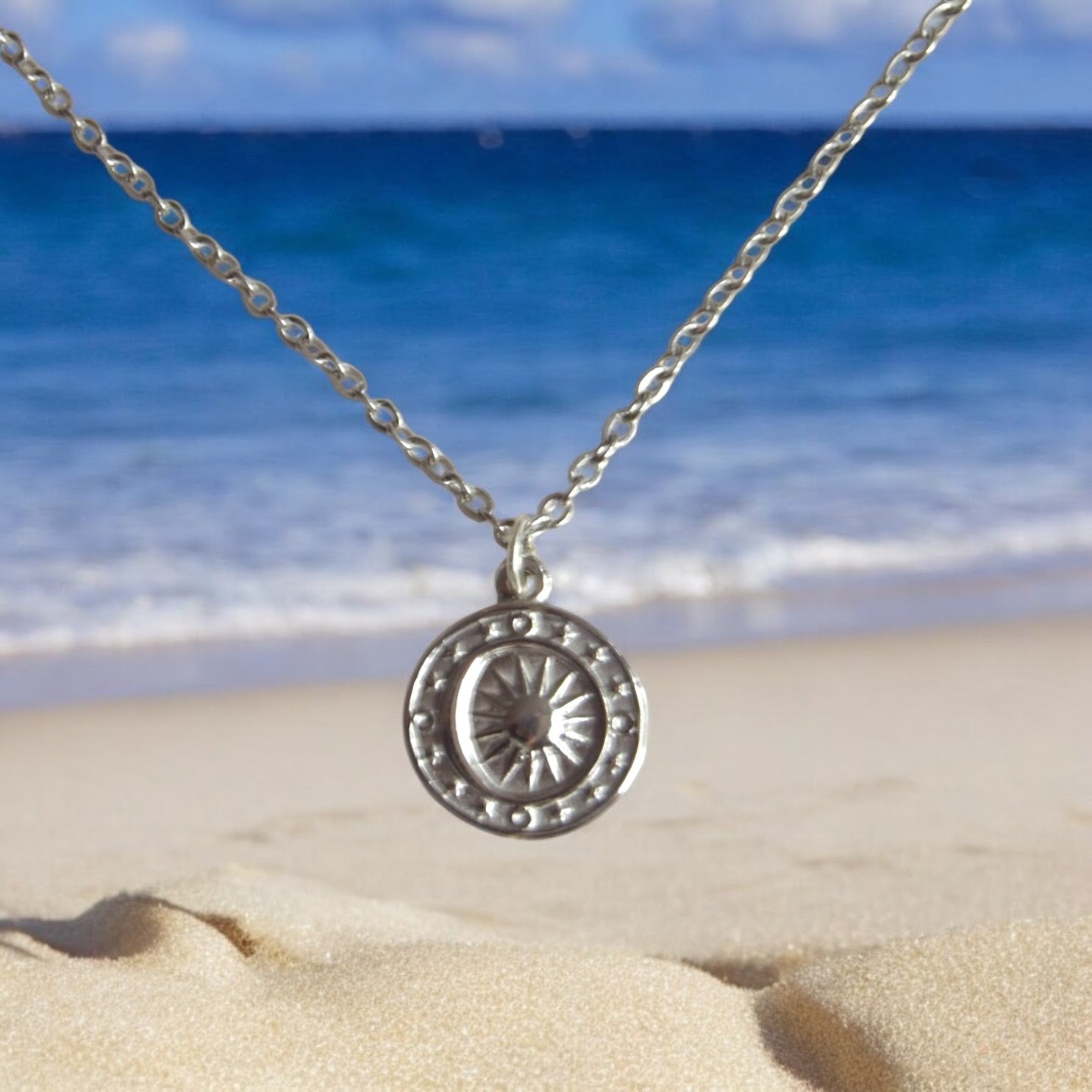 Silver Stainless Steel Necklace with Sun and Moon Coin Pendant - Hypoallergenic & Waterproof