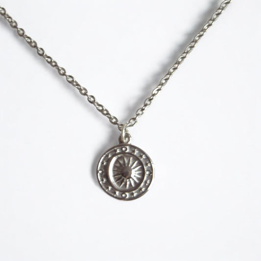 Silver Stainless Steel Necklace with Sun and Moon Coin Pendant - Hypoallergenic & Waterproof