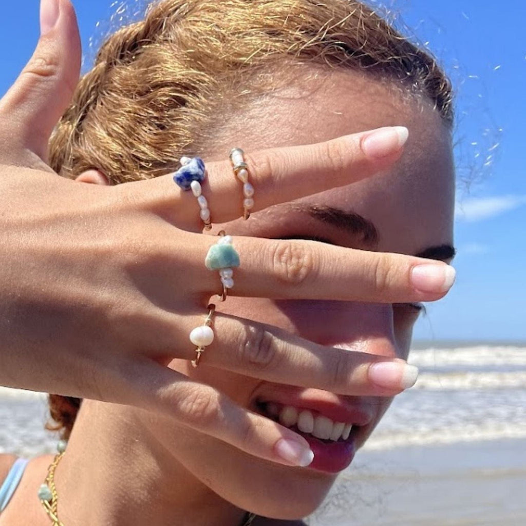 Amazonite & Akoya Pearl Cocktail Ring – Handmade in Gold-Plated Stainless Steel