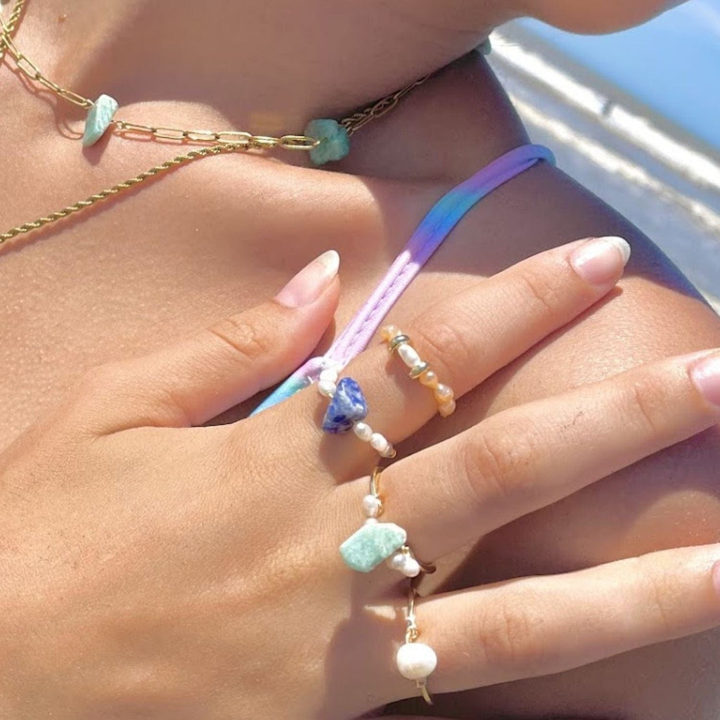 Amazonite & Akoya Pearl Cocktail Ring – Handmade in Gold-Plated Stainless Steel