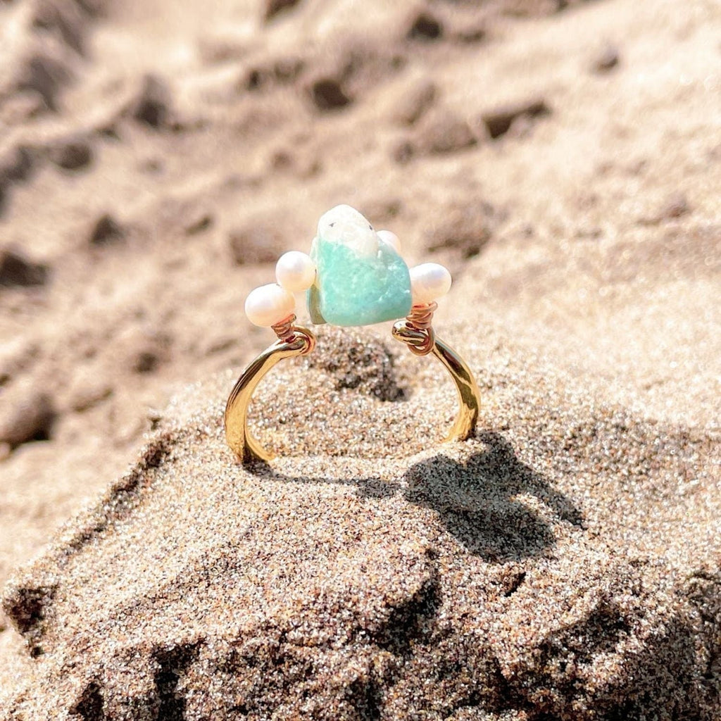 Amazonite & Akoya Pearl Cocktail Ring – Handmade in Gold-Plated Stainless Steel