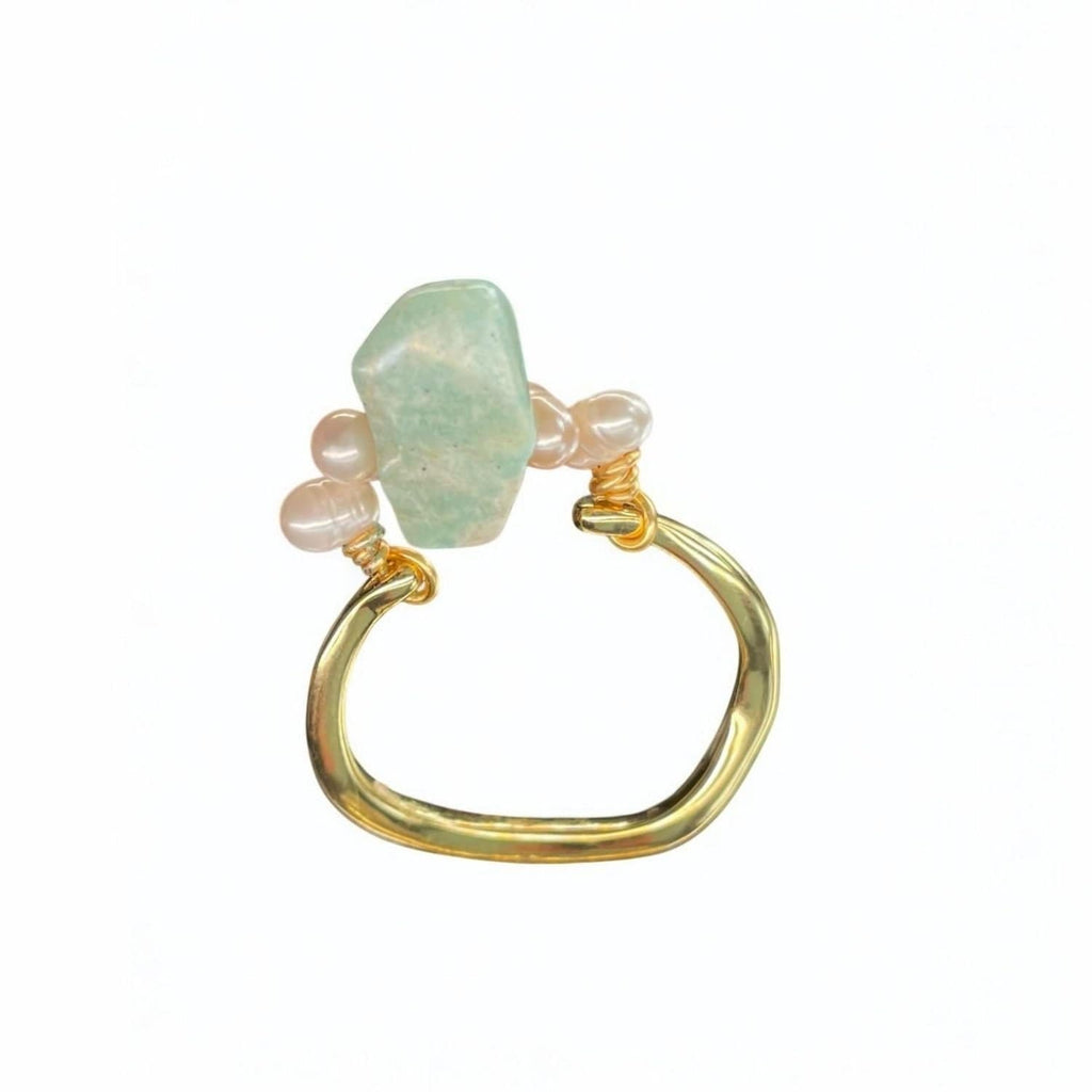 Amazonite & Akoya Pearl Cocktail Ring – Handmade in Gold-Plated Stainless Steel