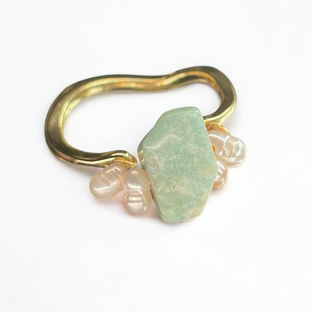 Amazonite & Akoya Pearl Cocktail Ring – Handmade in Gold-Plated Stainless Steel