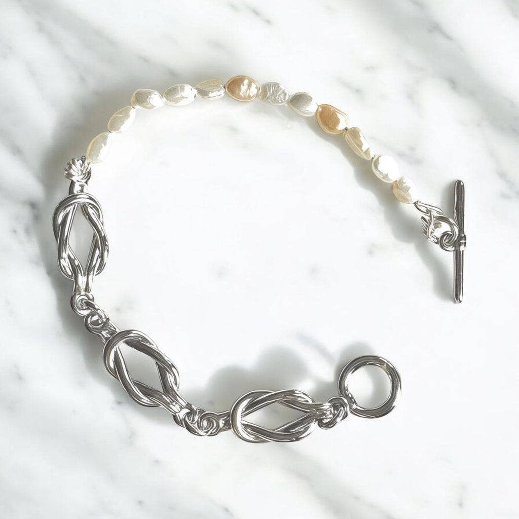 Silver Bracelet With Freshwater Cultured White Pearls – T Clasp Design.