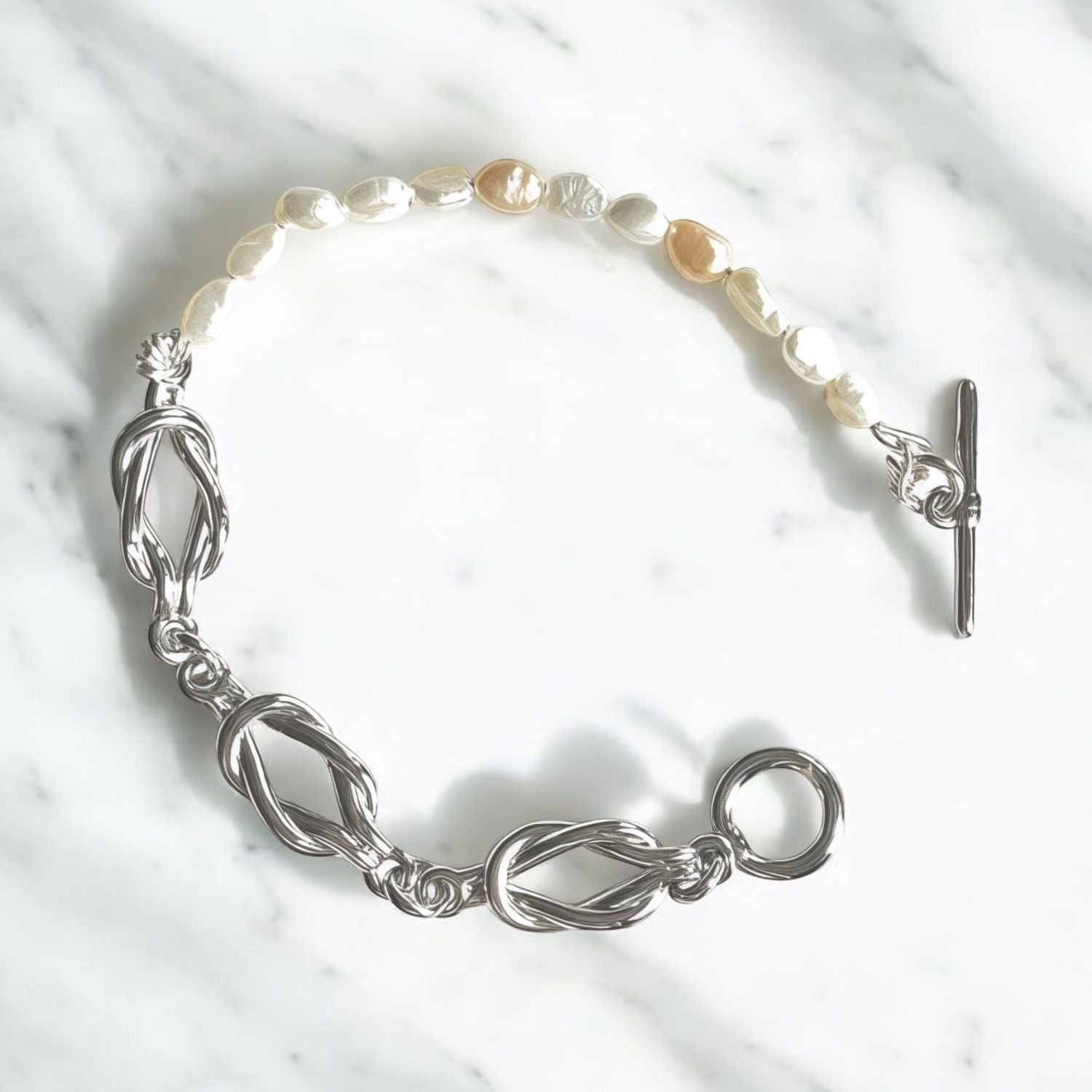 Silver Bracelet With Freshwater Cultured White Pearls – T Clasp Design.