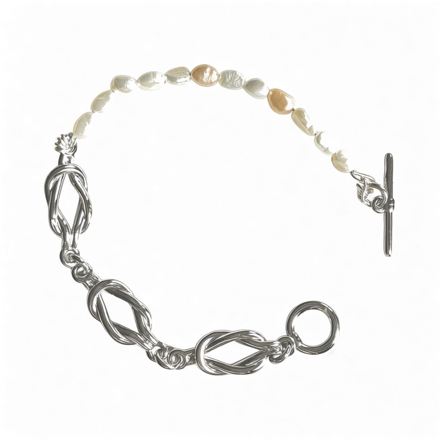 Silver Bracelet With Freshwater Cultured White Pearls – T Clasp Design.