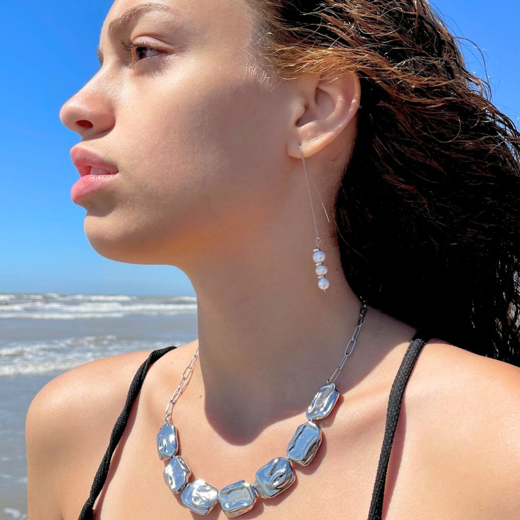 Elegant Threaded Sterling Silver Earrings with Baroque Pearls