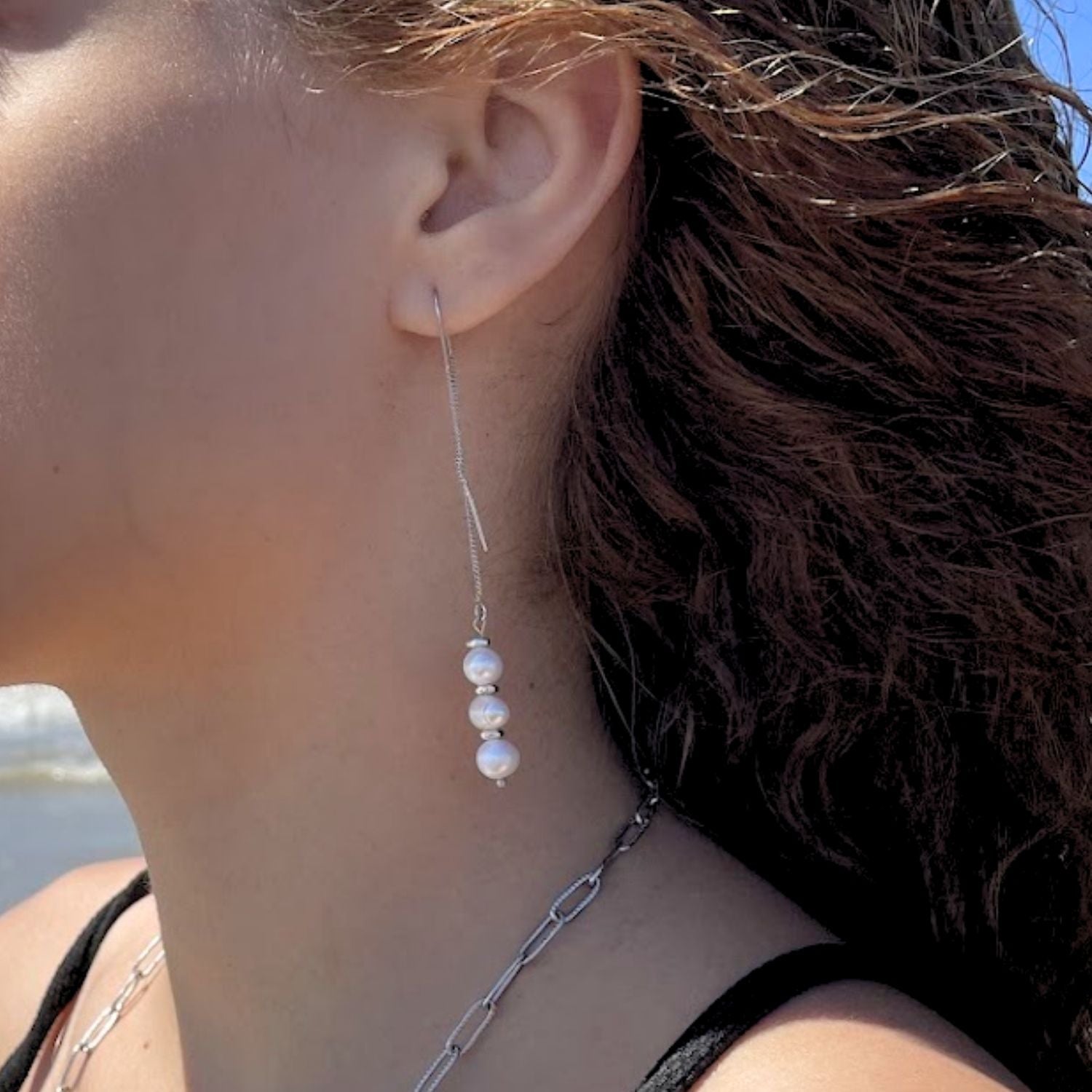 Elegant Threaded Sterling Silver Earrings with Baroque Pearls