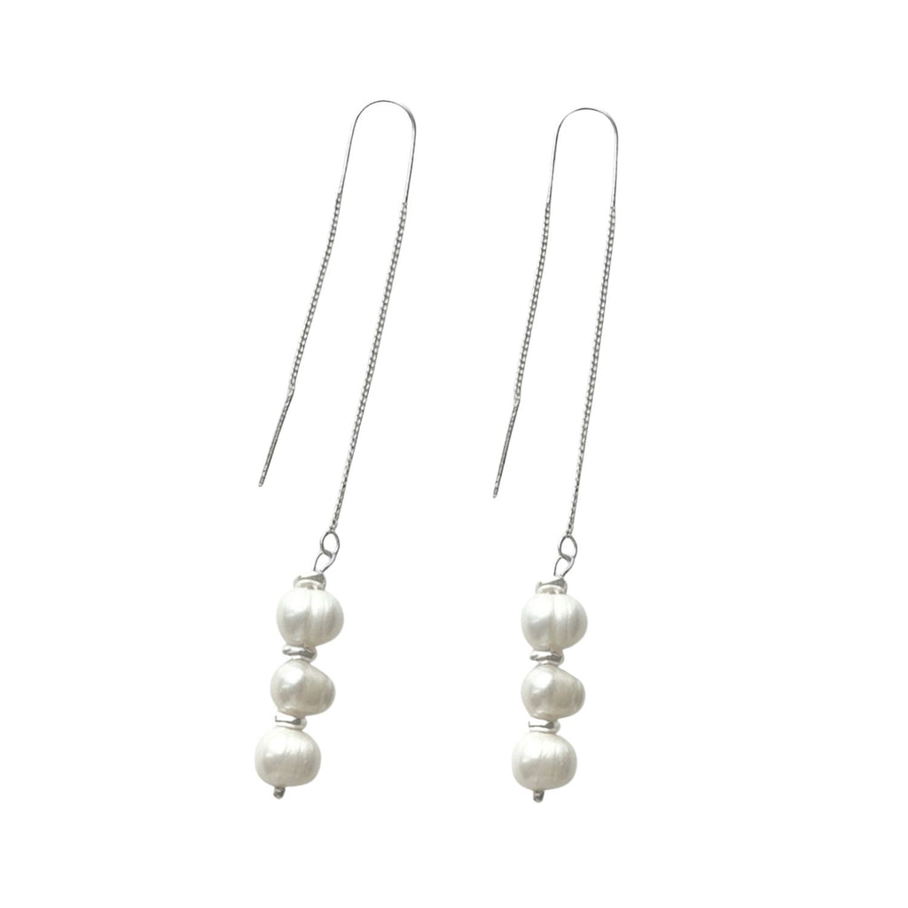 Elegant Threaded Sterling Silver Earrings with Baroque Pearls
