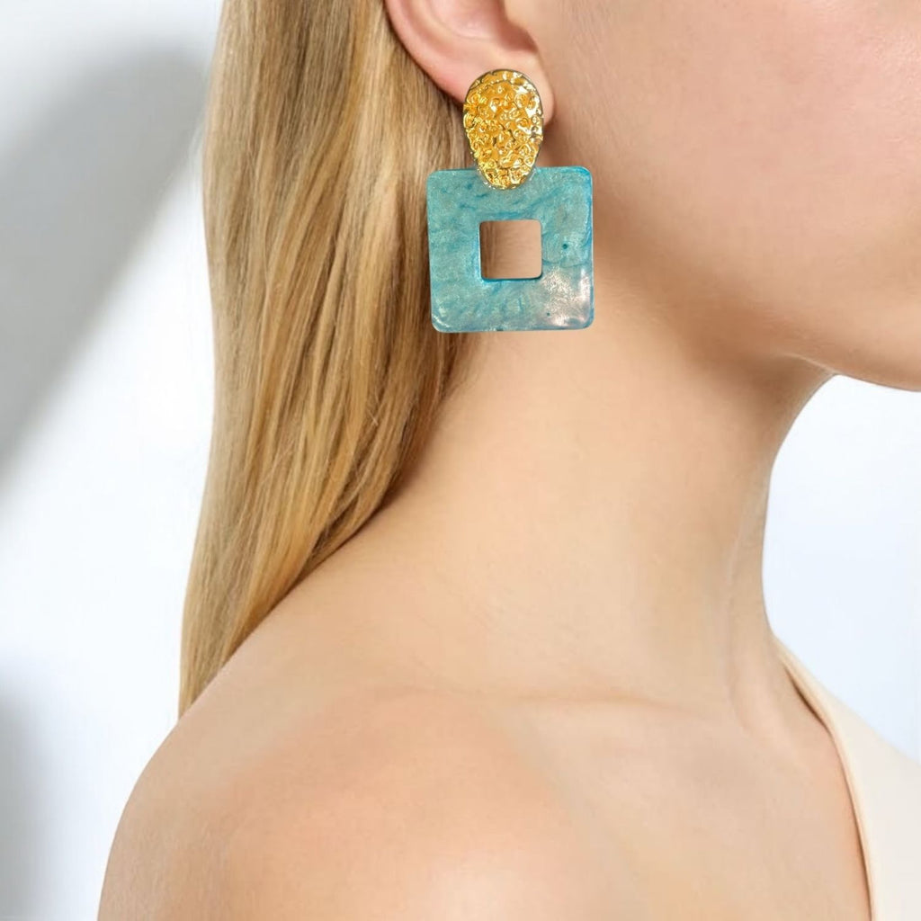 18K Gold-Plated Pineapple Stud Earrings With Transparent Light Blue Resin Square