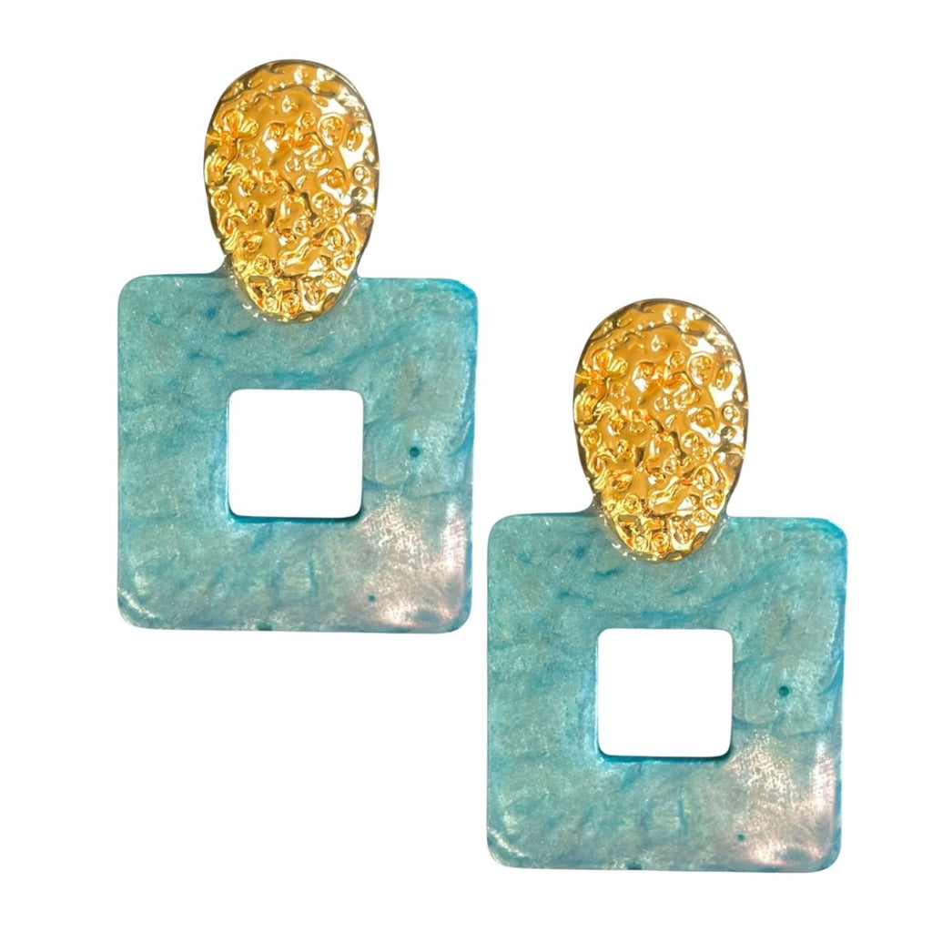 18K Gold-Plated Pineapple Stud Earrings With Transparent Light Blue Resin Square