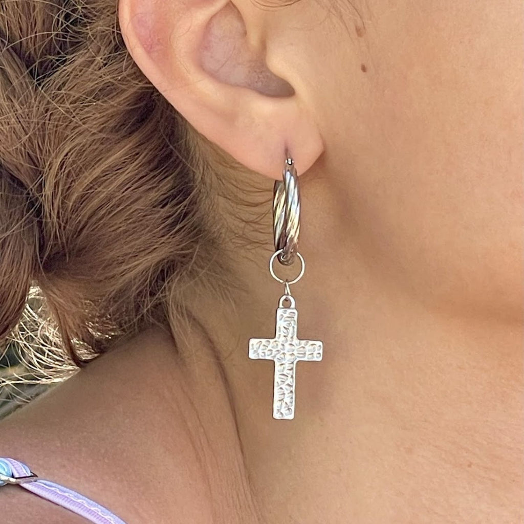Bari Silver Hoop Earrings with Cross Charm