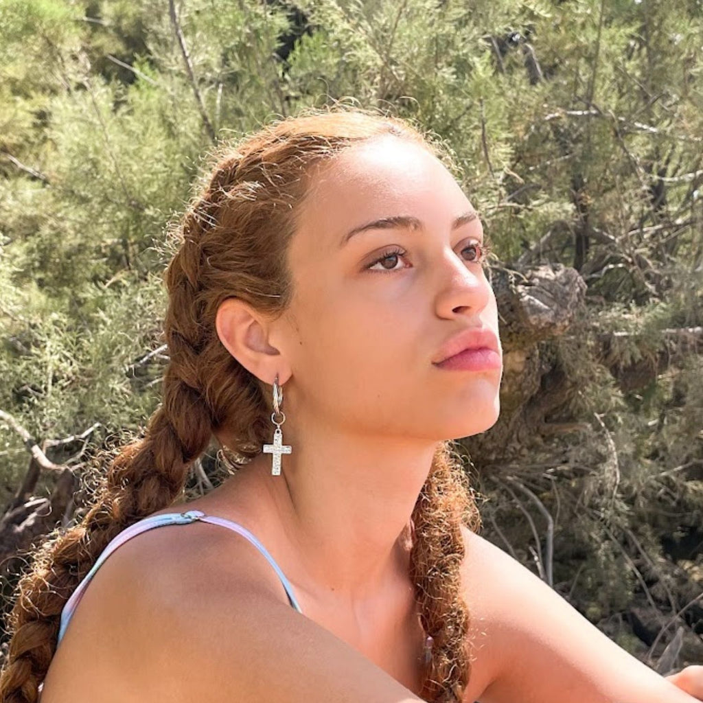 Bari Silver Hoop Earrings with Cross Charm