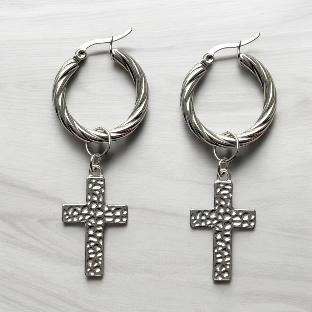 Bari Silver Hoop Earrings with Cross Charm