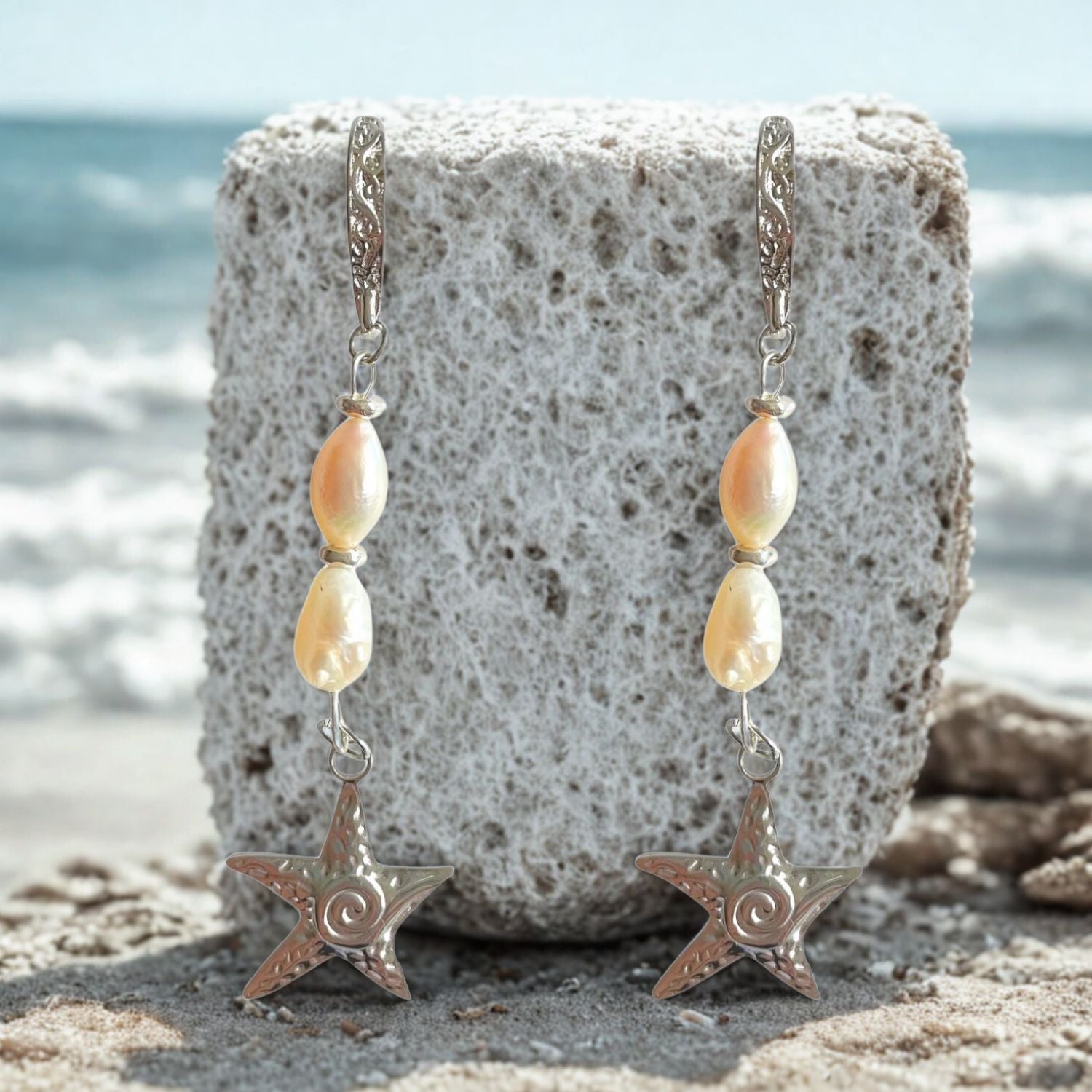 Lisboa Sterling Silver Pendant Earrings with Akoya Pearls and Starfish Charm