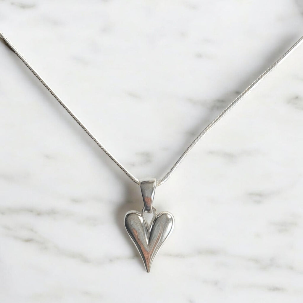 Silver Herringbone Necklace with Bold Heart Pendant