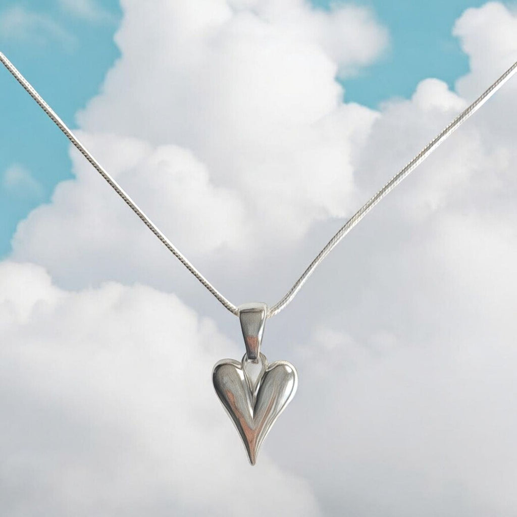 Silver Herringbone Necklace with Bold Heart Pendant