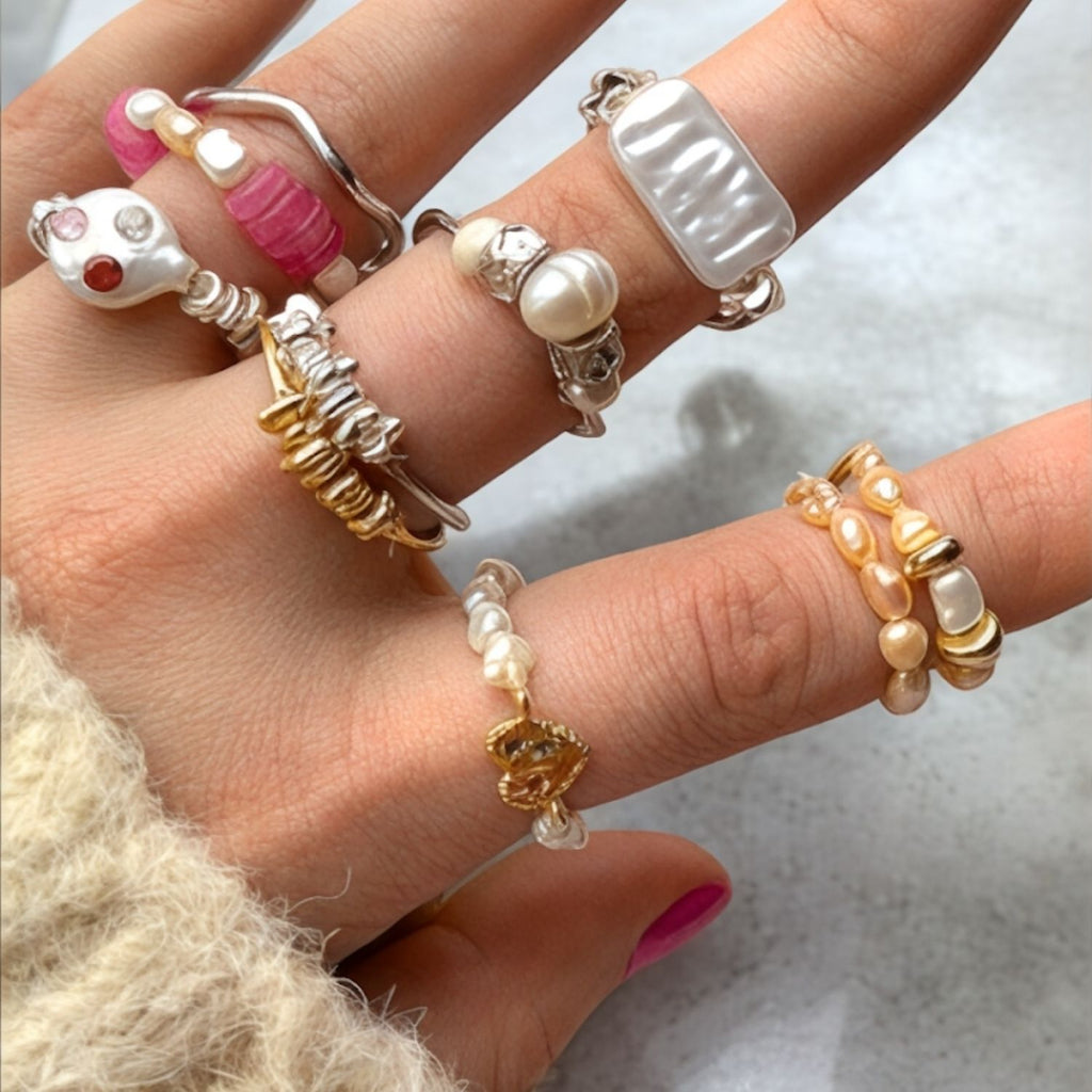 Handmade Band Ring With Freshwater Pearls & Chunky Heart With Zirconia