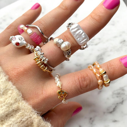 Handmade Band Ring With Freshwater Pearls & Chunky Heart With Zirconia