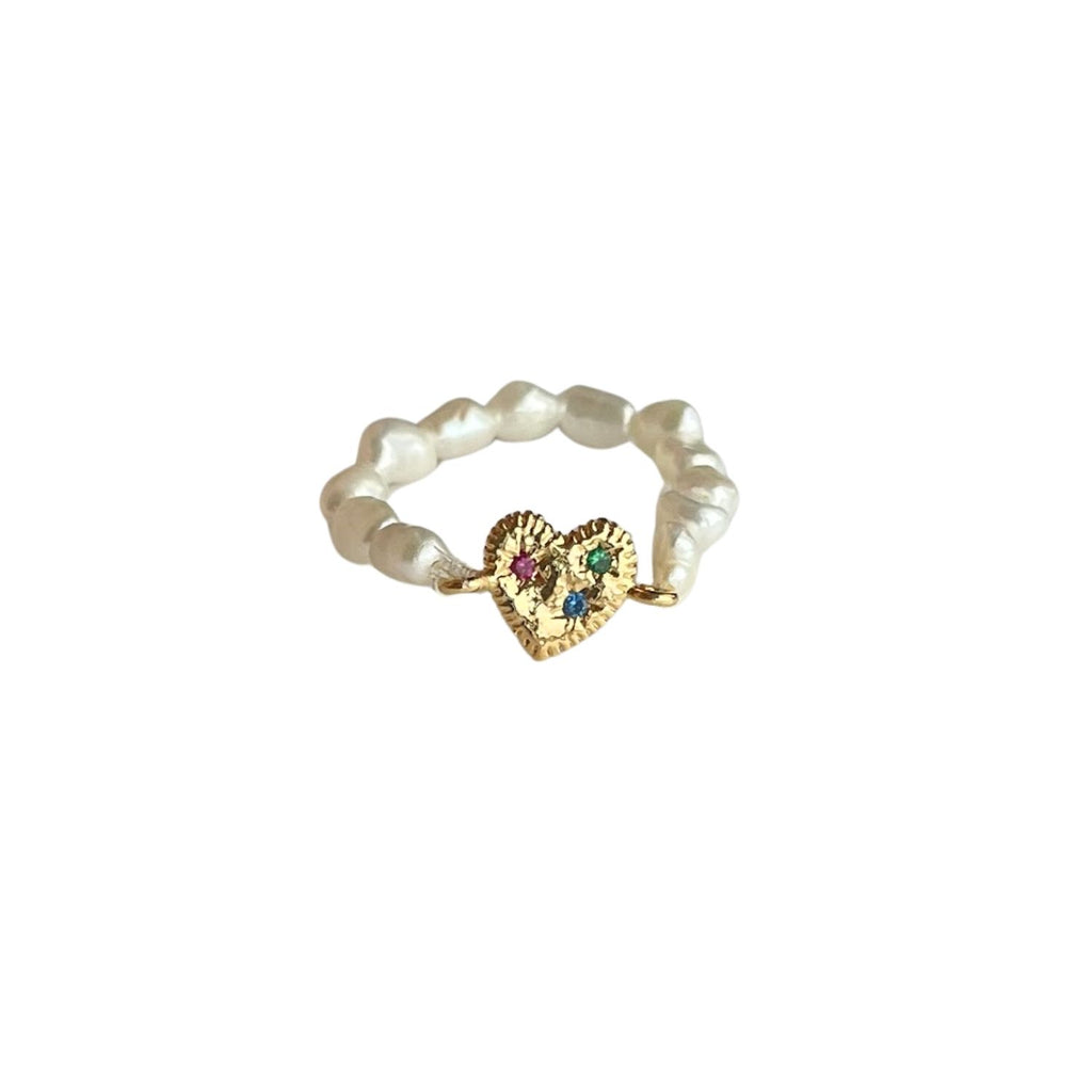 Handmade Band Ring With Freshwater Pearls & Chunky Heart With Zirconia