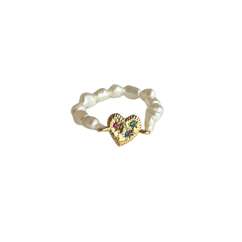 Handmade Band Ring With Freshwater Pearls & Chunky Heart With Zirconia