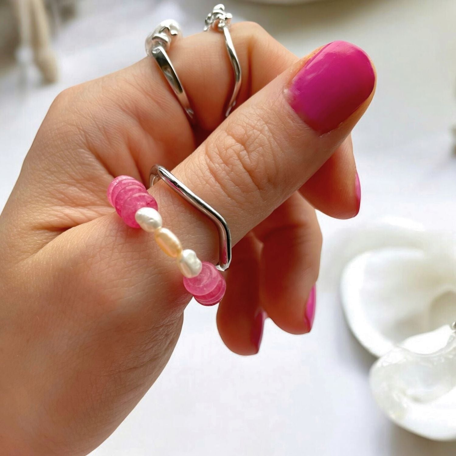 Handmade Curved Silver Brass Ring With Pink Abacus Stones & Baroque Pearls