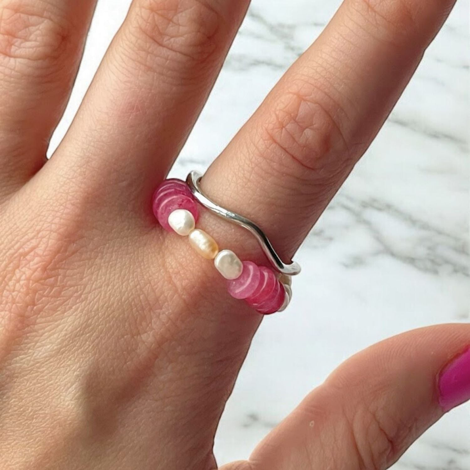 Handmade Curved Silver Brass Ring With Pink Abacus Stones & Baroque Pearls