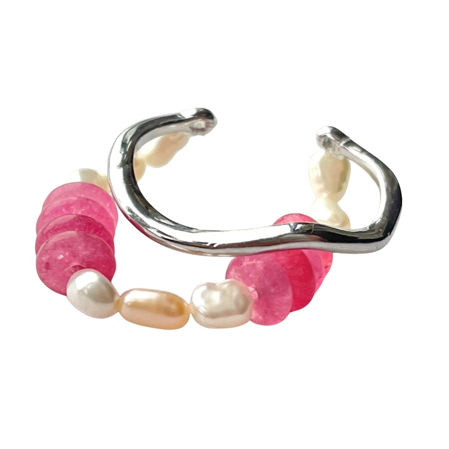 Handmade Curved Silver Brass Ring With Pink Abacus Stones & Baroque Pearls