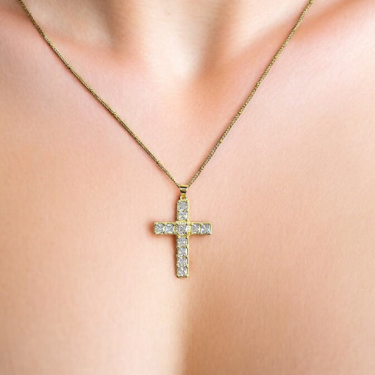 Handmade 18ct Gold - Plated Stainless Steel Necklace with Diamond Cross Pendant - Elegant Jewellery - lucy andy jewellery