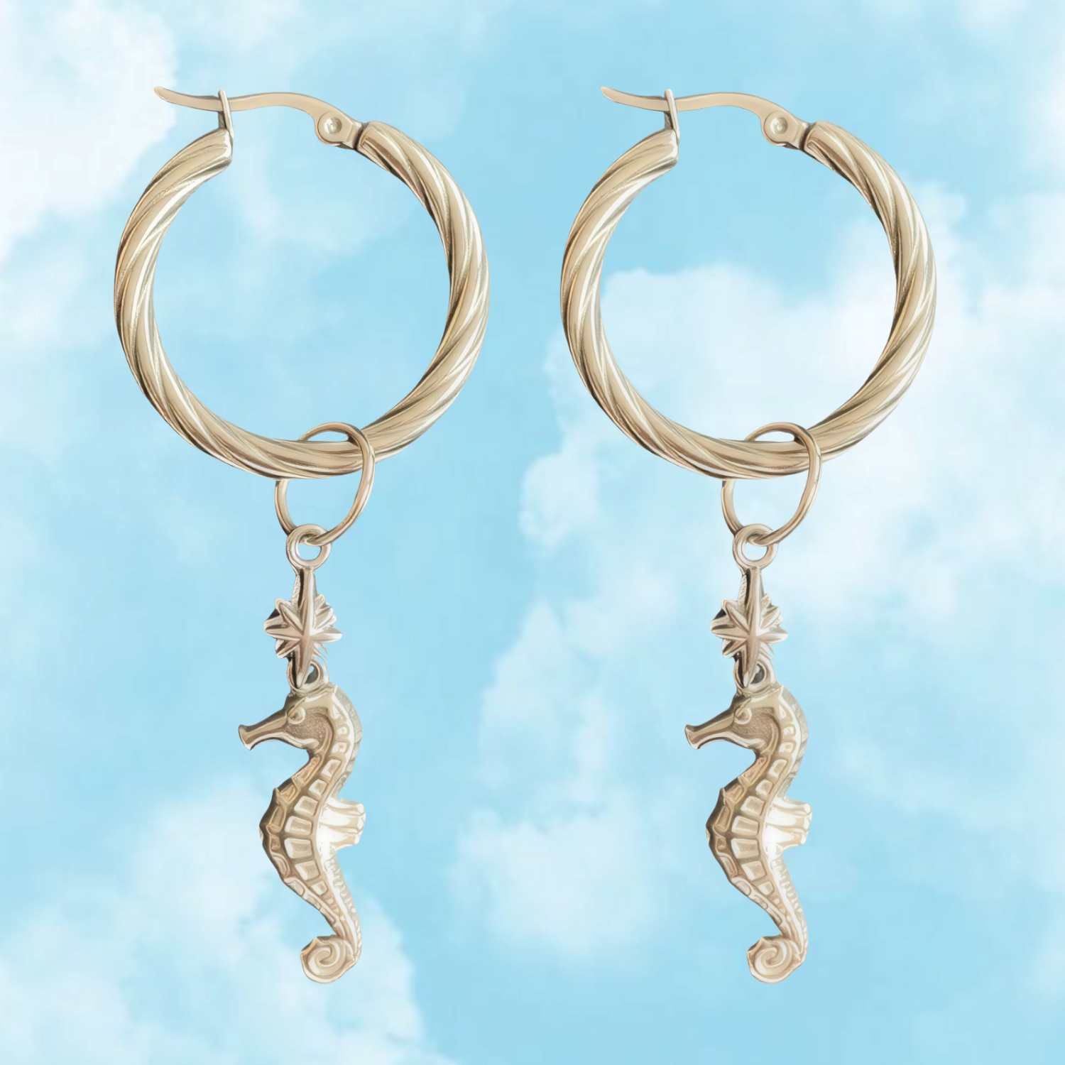 Marino – Twisted Silver Hoops with Seahorse Charm (La Playa Edit)
