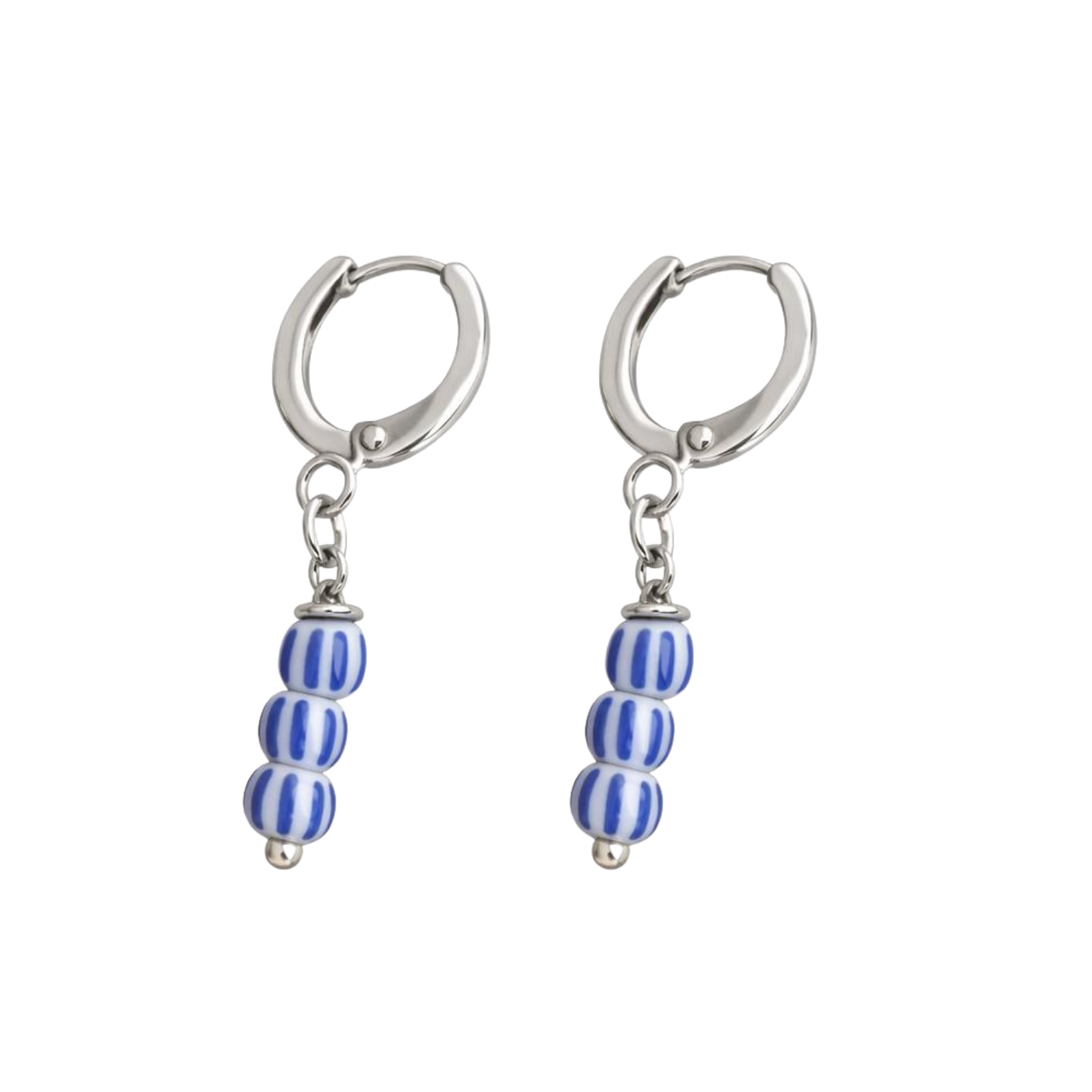 Blue Stripe Bead Huggie Earrings – Silver Drop Earrings